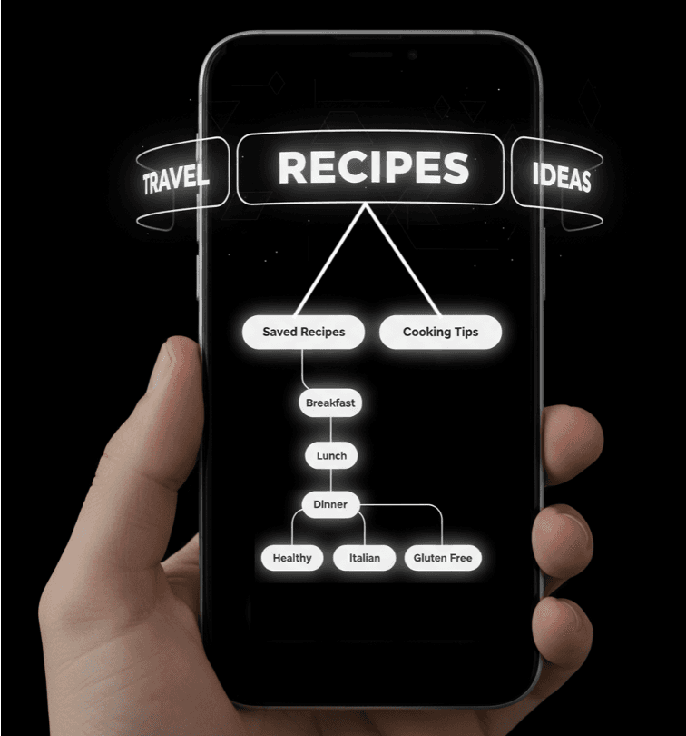 A hand holds an iPhone showing an auto-generated knowledge graph branching from RECIPES into Saved Recipes, Cooking Tips, and meal categories.