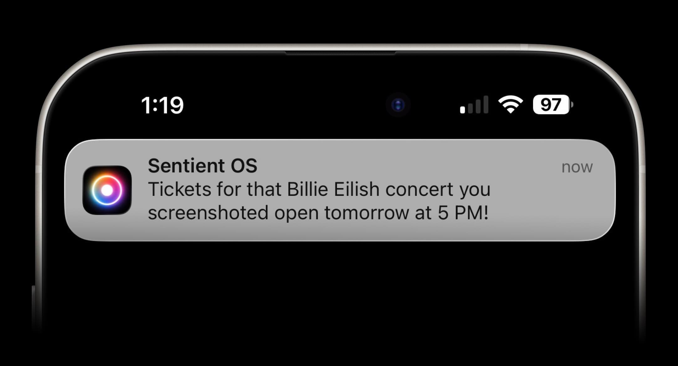 An iPhone notification from Sentient OS reminding the user about Billie Eilish concert tickets opening tomorrow.