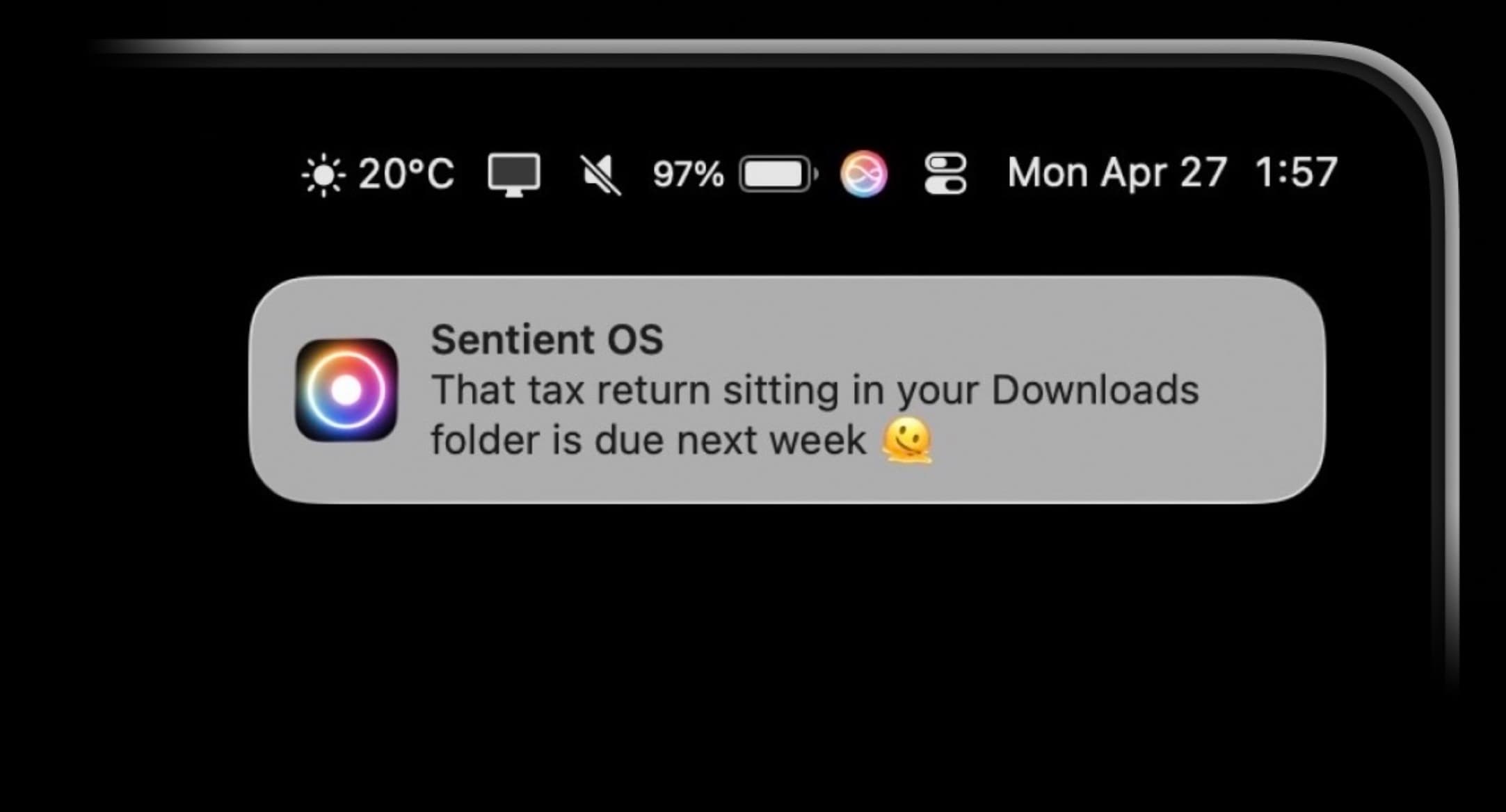 A macOS notification from Sentient OS reminding the user that a tax return in their Downloads folder is due next week.